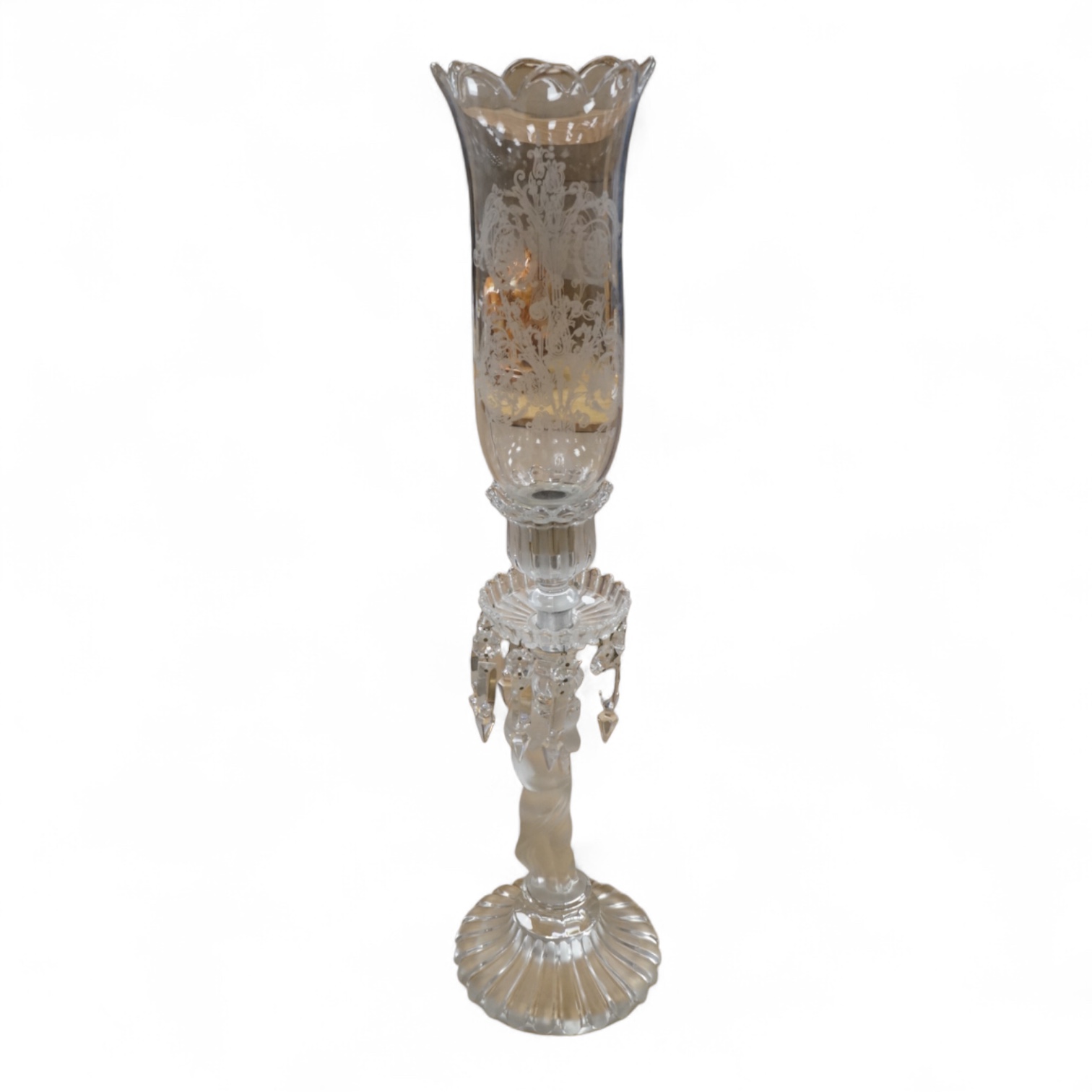 A Baccarat lustre drop figural glass candlestick, 62cm